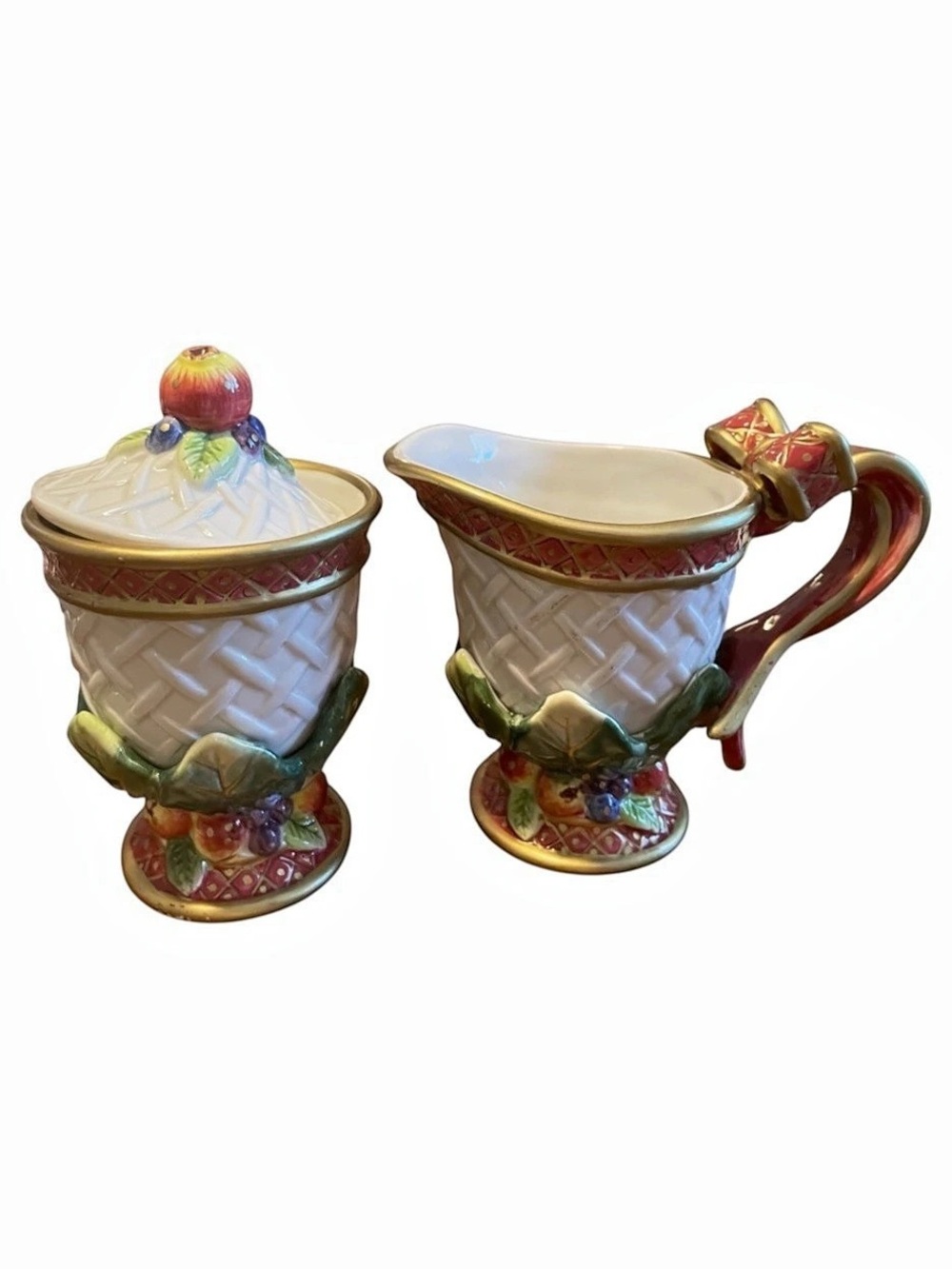 Fitz and Floyd Omnibus Fruit Basket Sugar Bowl and Creamer Set